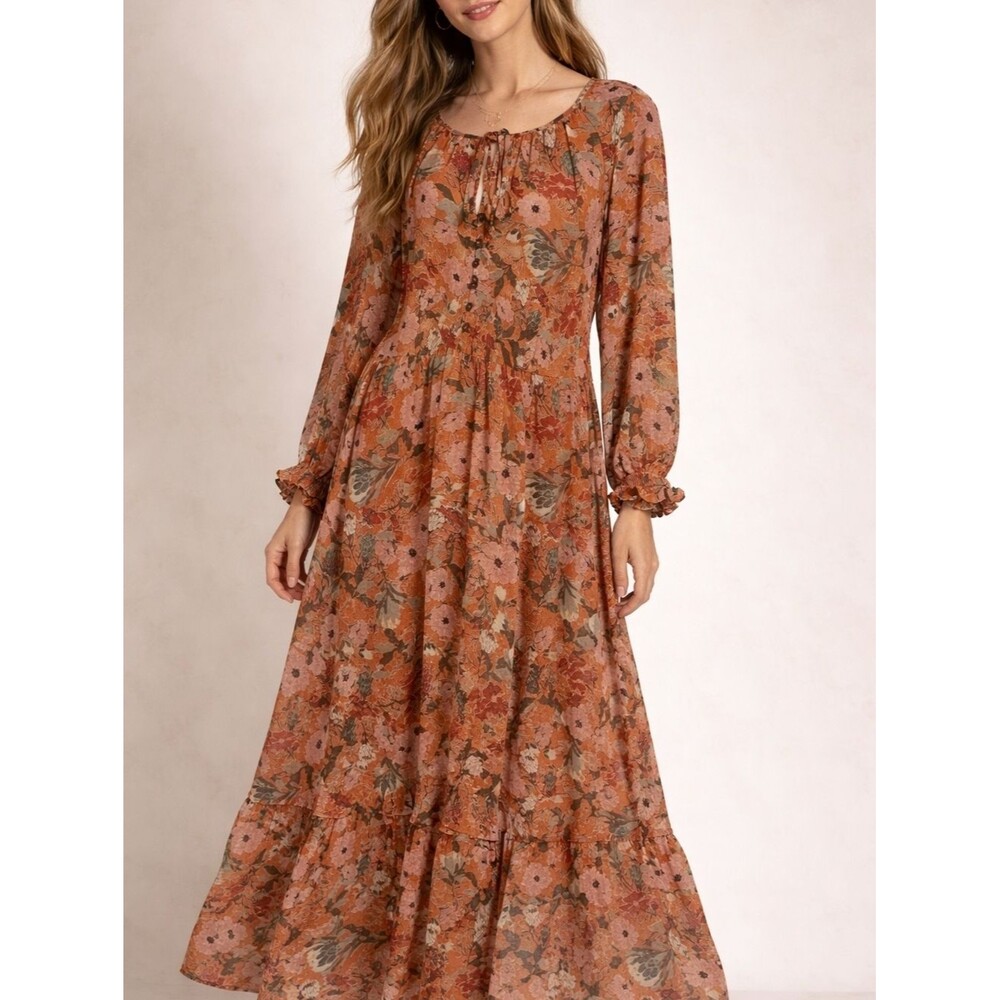 Kate And Sam Maxi Dress Orange Floral Sheer Back And Sleeves Sz XXL Feminine...